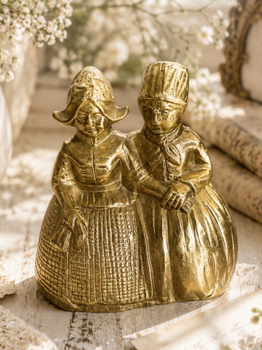 Vintage Dutch Solid Brass Victorian Ladies Couple Figurine